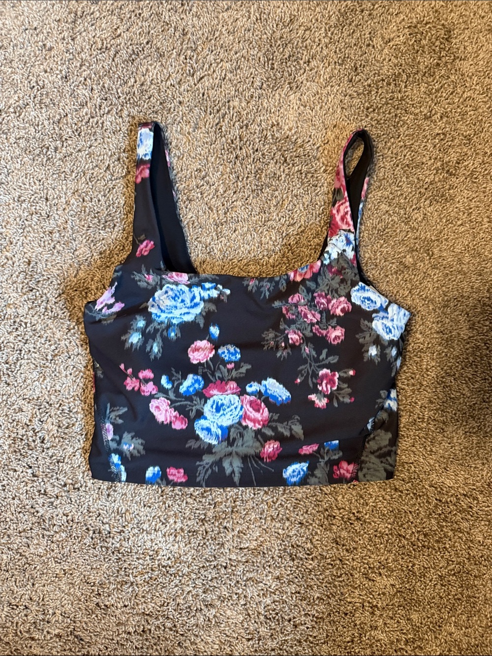 Old Navy Floral Crop Sports Bra - Black with Pink & Blue Roses
